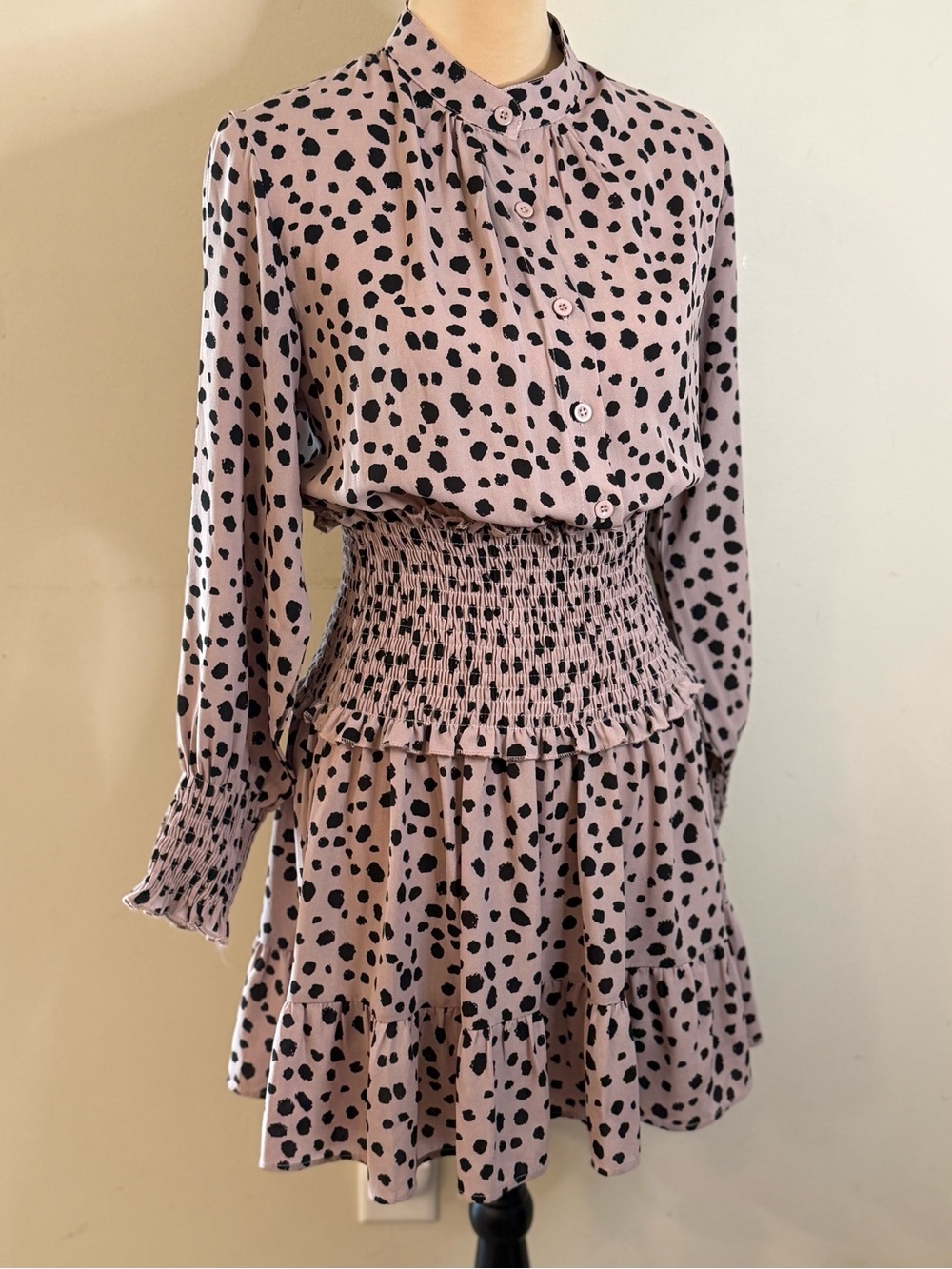 Pink Dalmatian Print Smocked Waist Dress